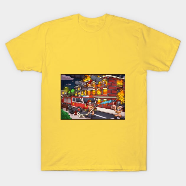 Cartoon Firefighters Saving People T-Shirt by TheMaskedTooner